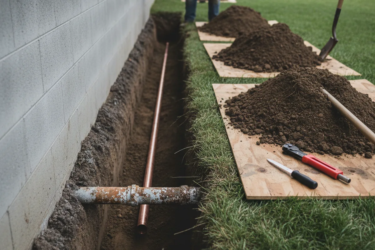 Excavated water line trench during Sewer Line Repair in Suches